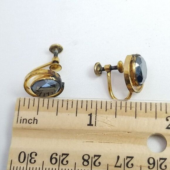 Vintage Yellow Gold Filled Oval Dark Gray Rhinestone Clip On Screw Back Earrings - Picture 8 of 11